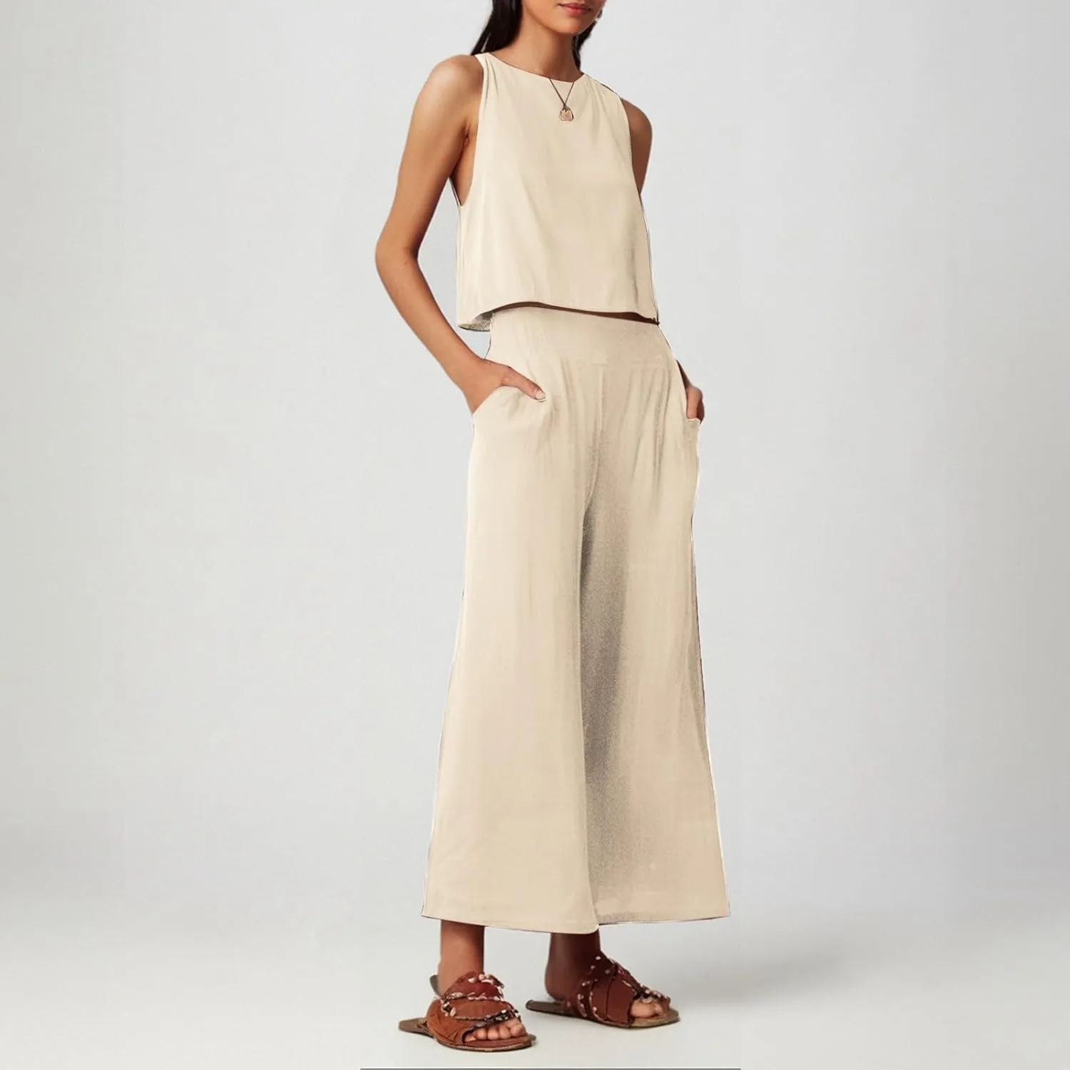 Women's Summer 2 Piece Outfits Set Round Neck Sleeveless Tank Crop Top Wide Leg Pants Suit with Pockets Linen Sets