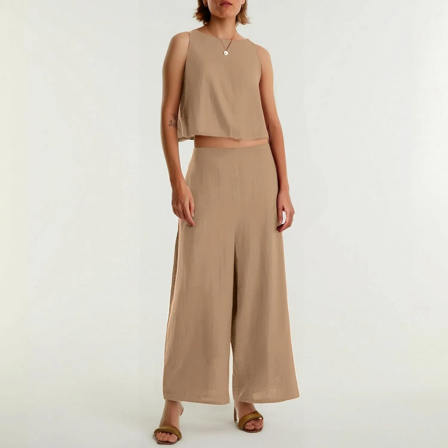 Women's Summer 2 Piece Outfits Set Round Neck Sleeveless Tank Crop Top Wide Leg Pants Suit with Pockets Linen Sets