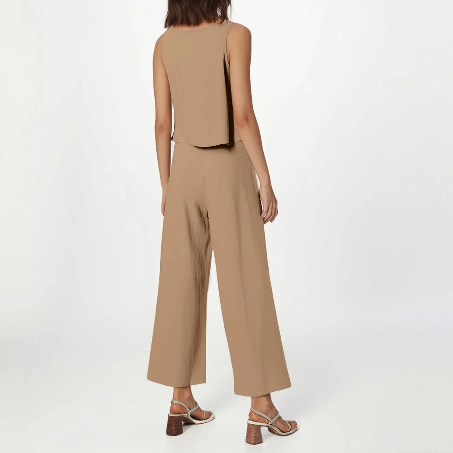 Women's Summer 2 Piece Outfits Set Round Neck Sleeveless Tank Crop Top Wide Leg Pants Suit with Pockets Linen Sets