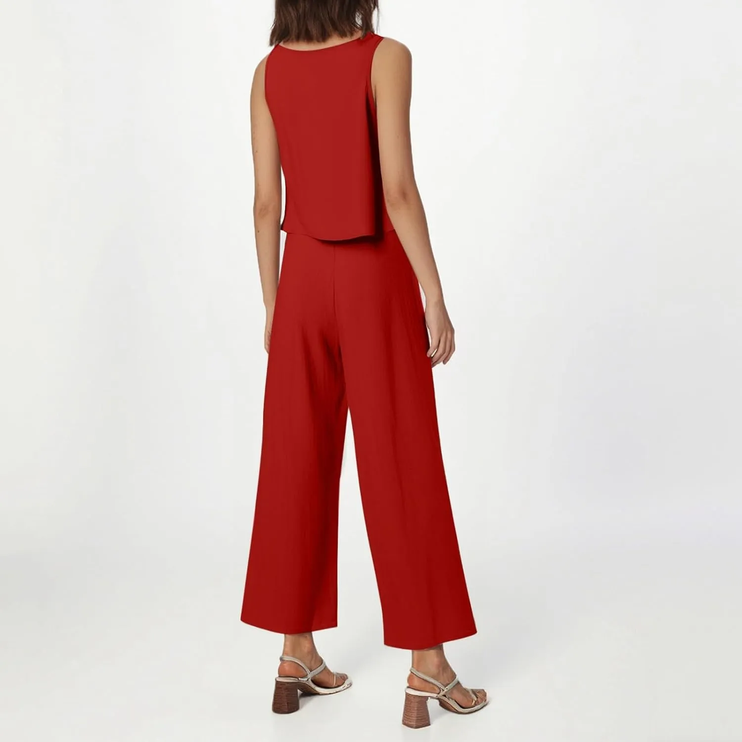 Women's Summer 2 Piece Outfits Set Round Neck Sleeveless Tank Crop Top Wide Leg Pants Suit with Pockets Linen Sets