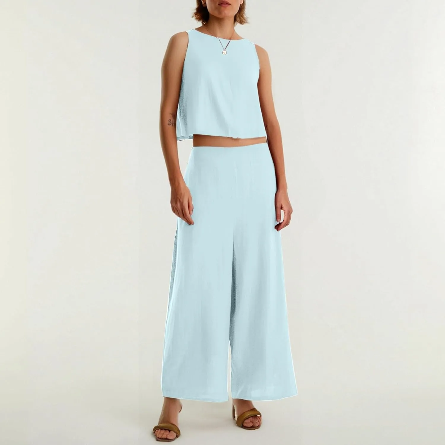 Women's Summer 2 Piece Outfits Set Round Neck Sleeveless Tank Crop Top Wide Leg Pants Suit with Pockets Linen Sets