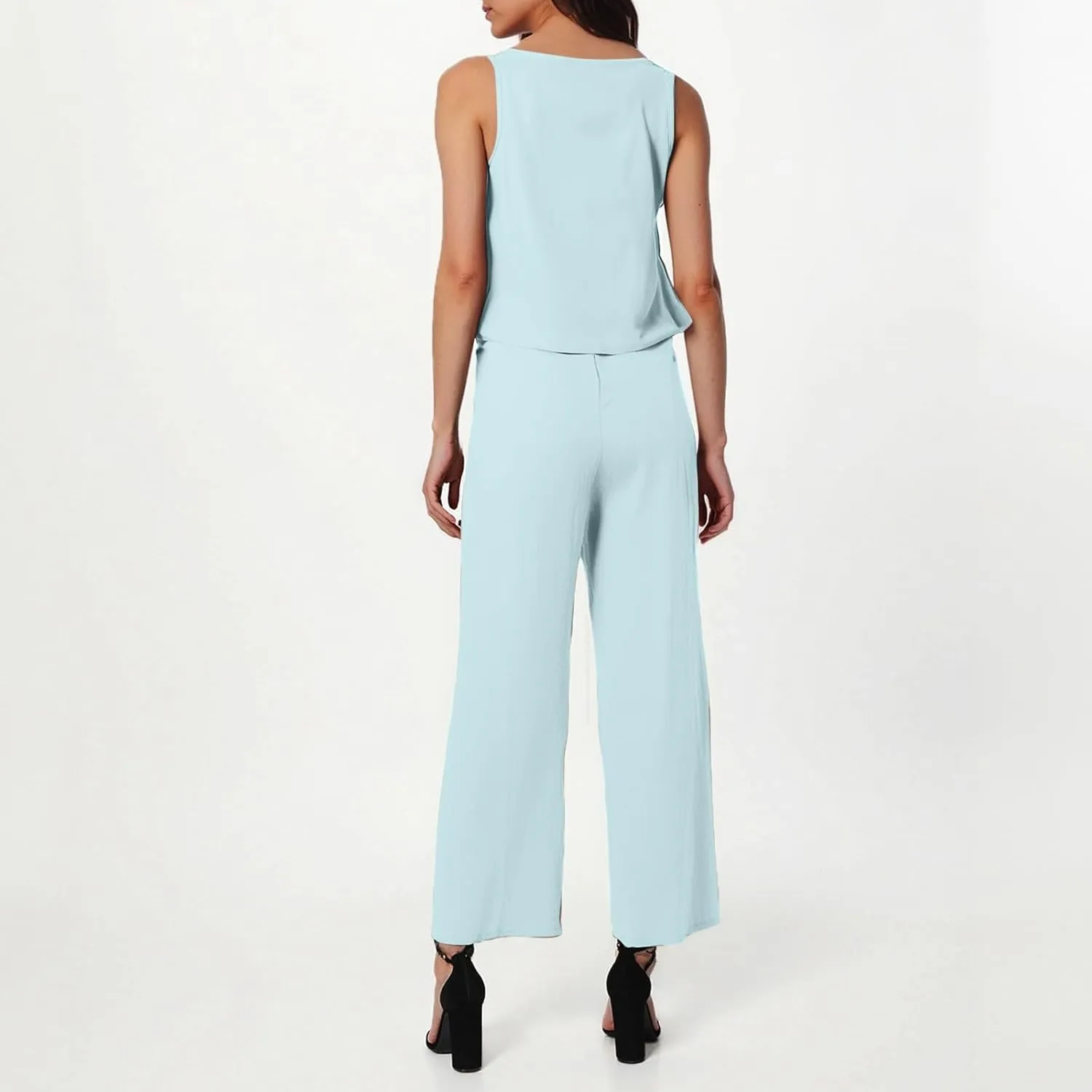 Women's Summer 2 Piece Outfits Set Round Neck Sleeveless Tank Crop Top Wide Leg Pants Suit with Pockets Linen Sets