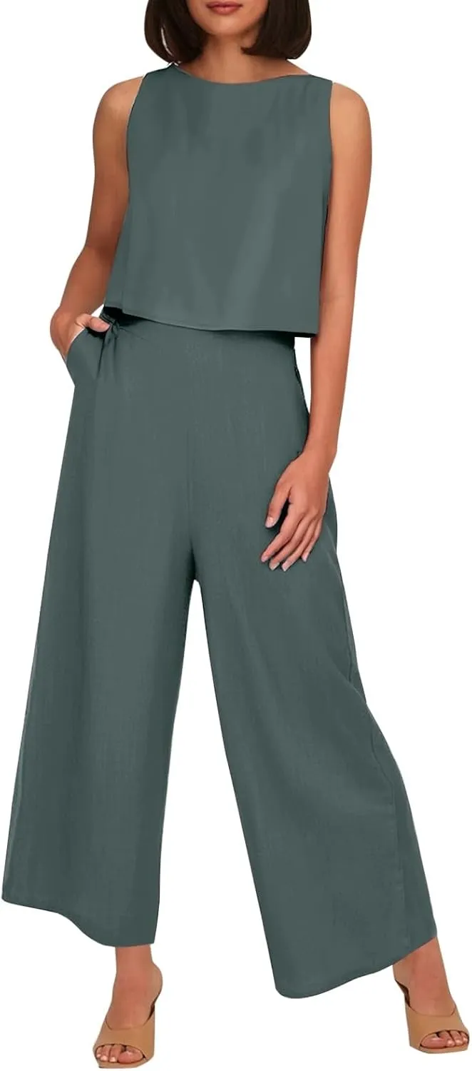Women's Summer 2 Piece Outfits Set Round Neck Sleeveless Tank Crop Top Wide Leg Pants Suit with Pockets Linen Sets