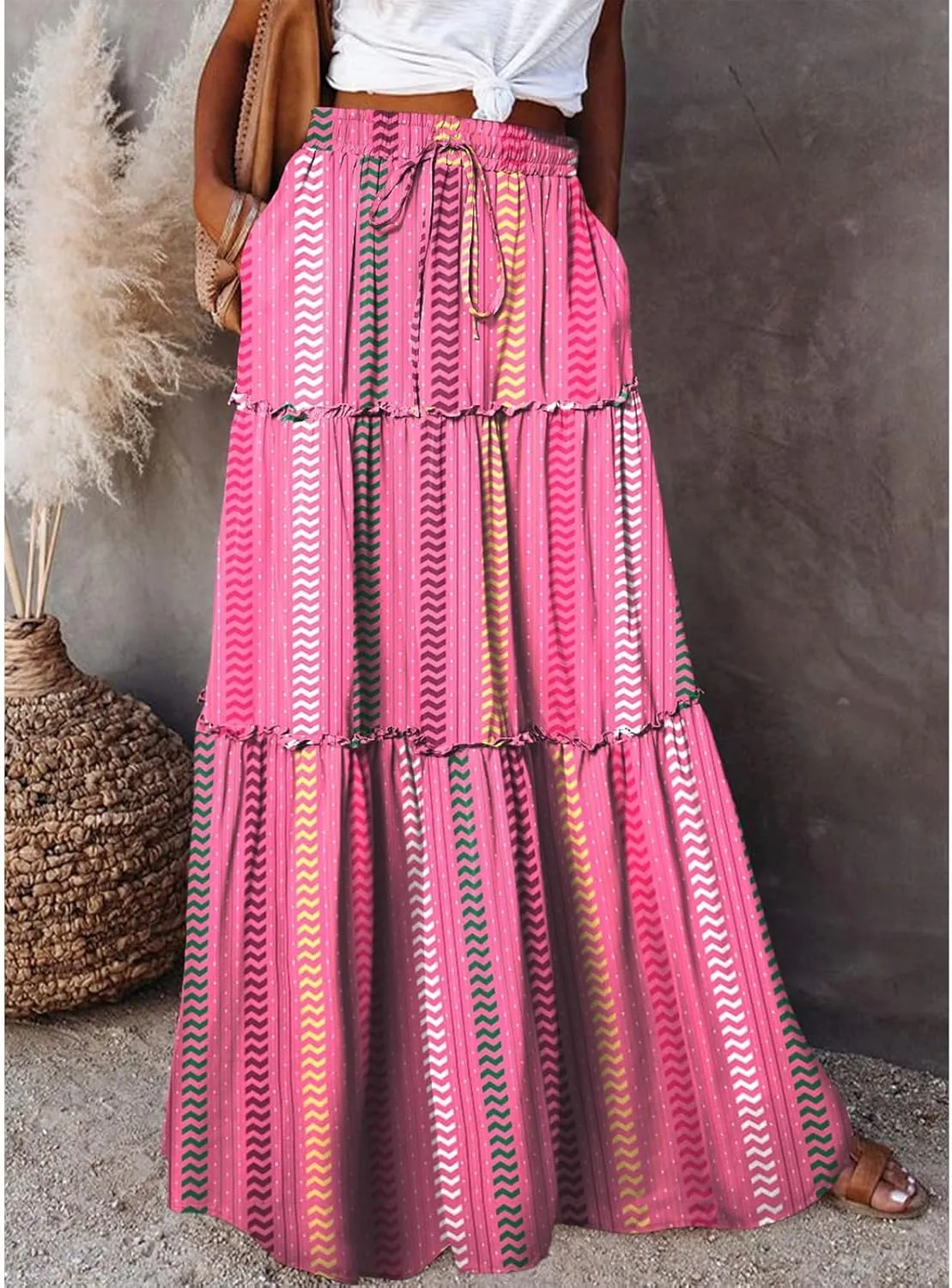 Women's Summer Bohemian Floral Printed Stretch Waist Smocked Tiered A Line Swing Maxi Skirt 2025, S-2XL