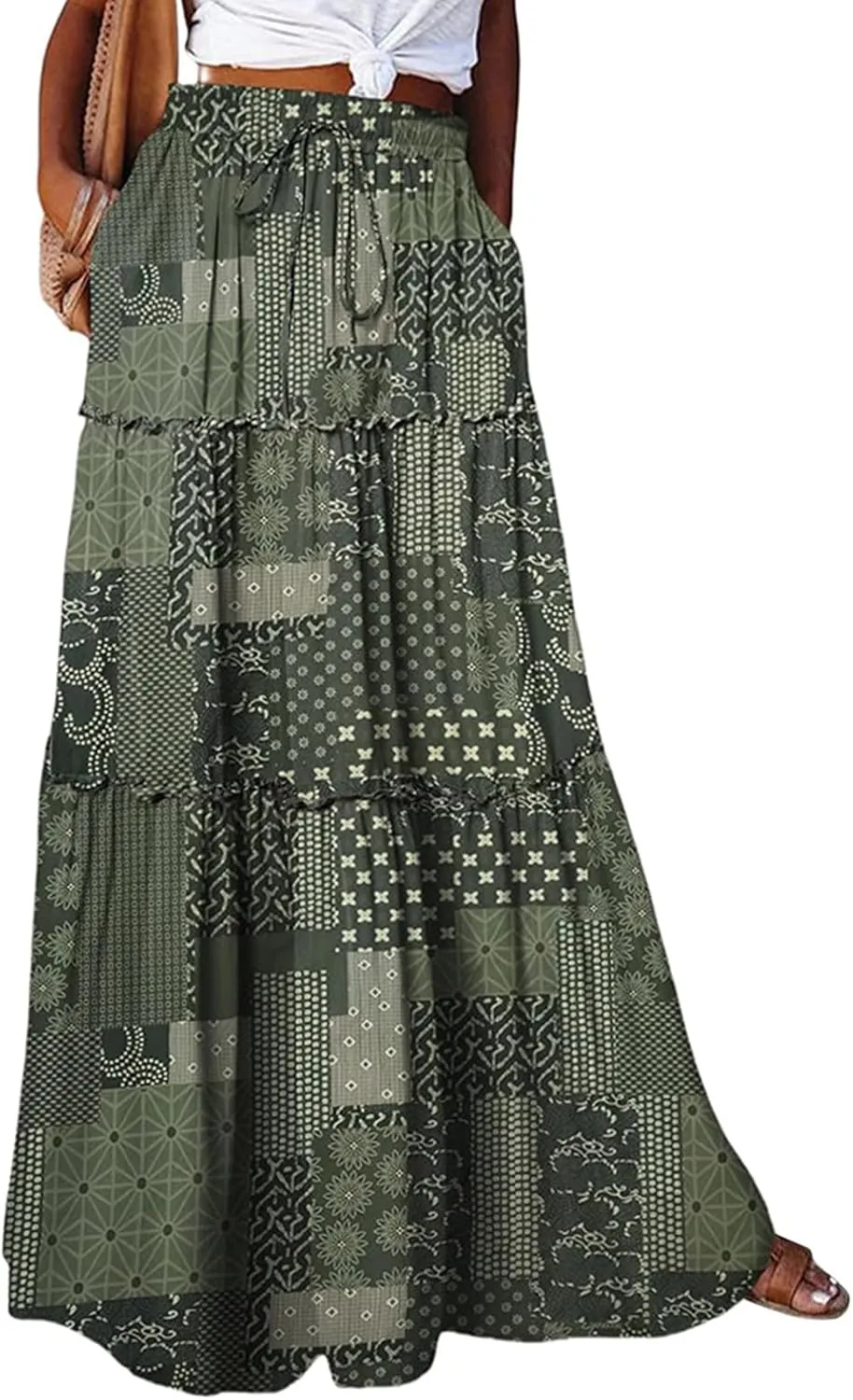 Women's Summer Bohemian Floral Printed Stretch Waist Smocked Tiered A Line Swing Maxi Skirt 2025, S-2XL