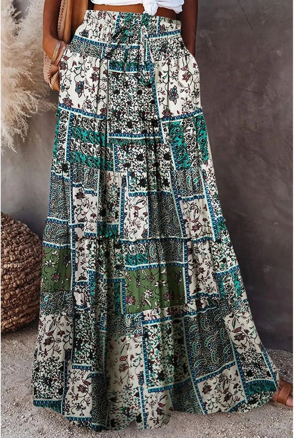 Women's Summer Bohemian Floral Printed Stretch Waist Smocked Tiered A Line Swing Maxi Skirt 2025, S-2XL