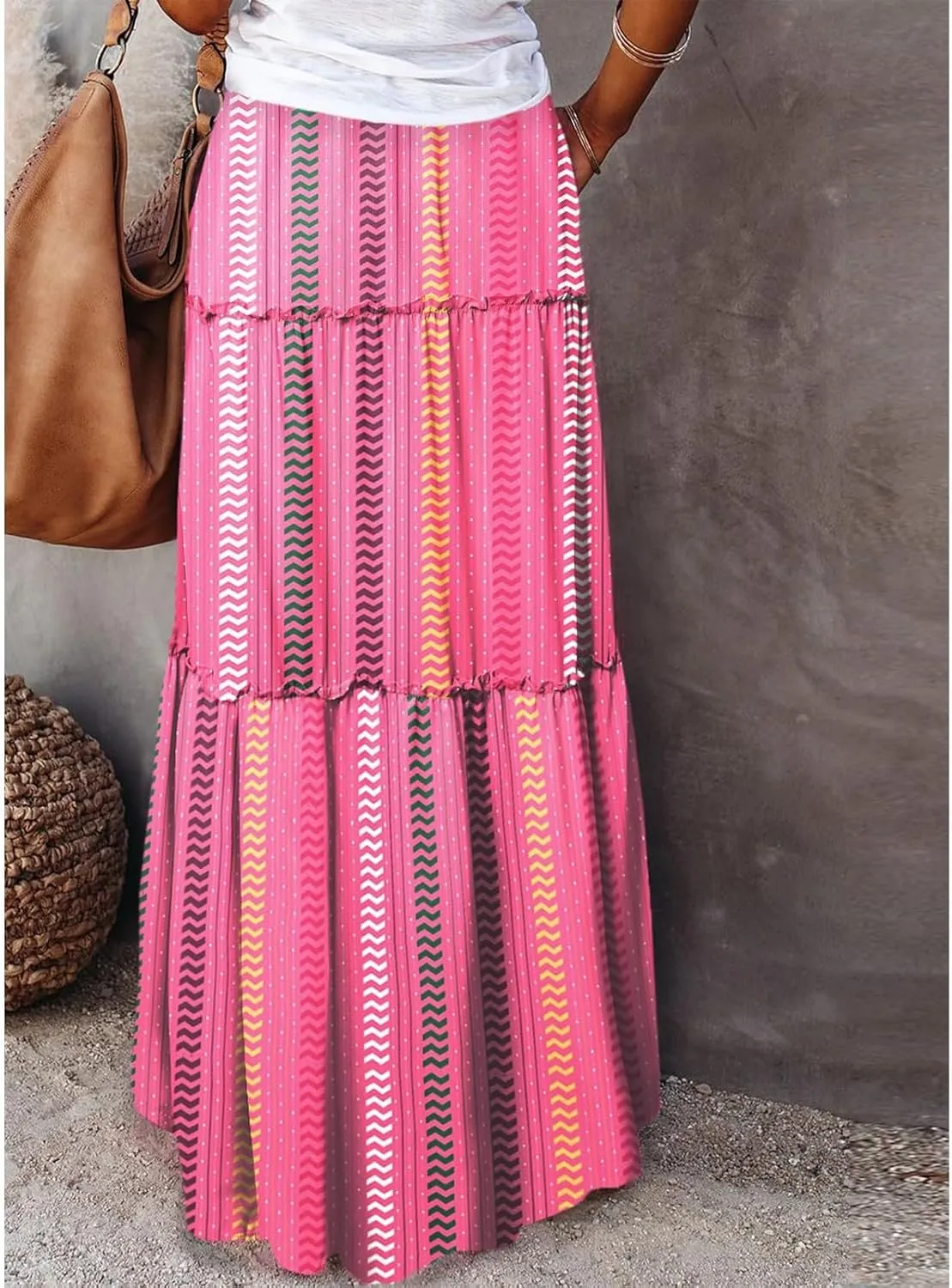 Women's Summer Bohemian Floral Printed Stretch Waist Smocked Tiered A Line Swing Maxi Skirt 2025, S-2XL