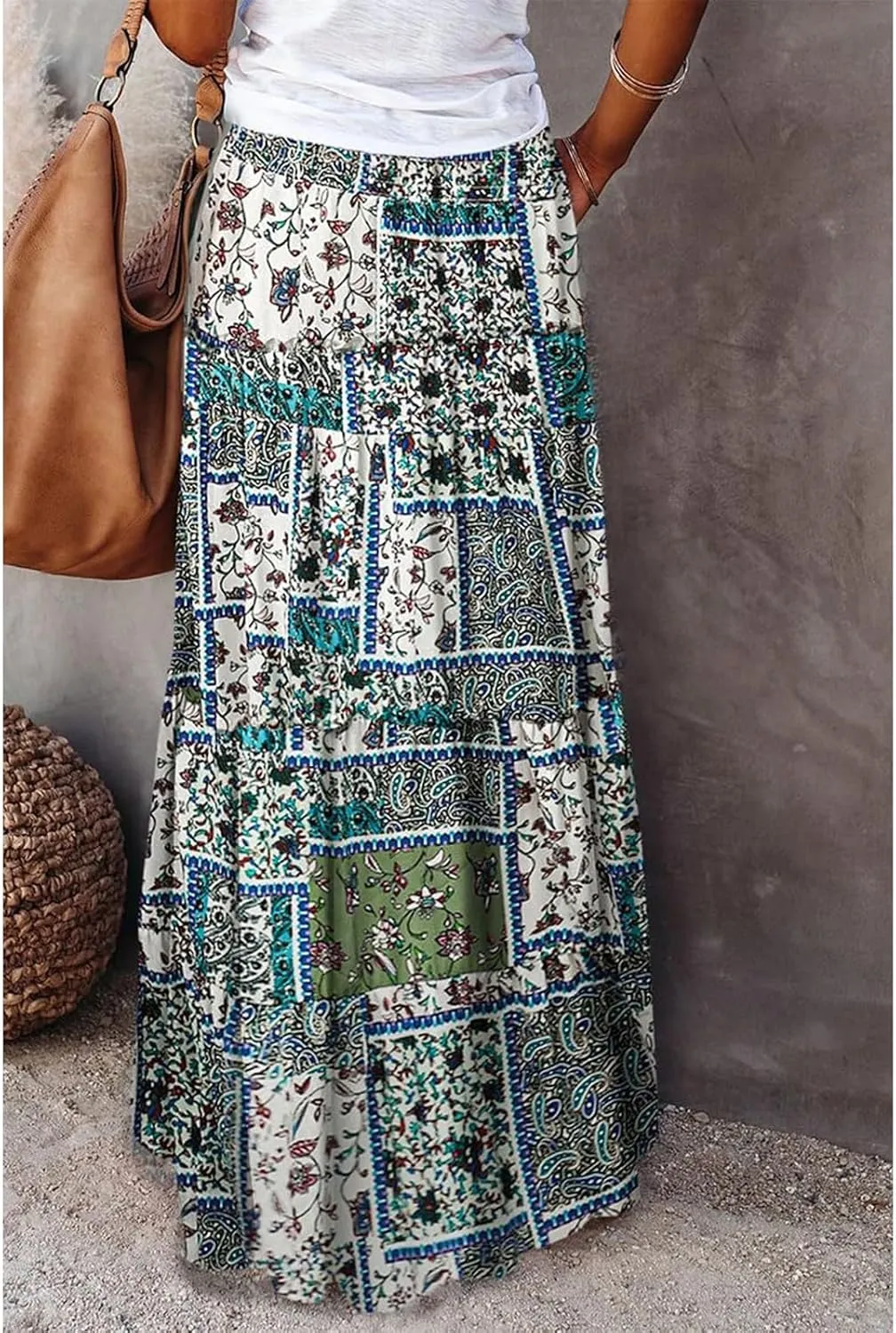 Women's Summer Bohemian Floral Printed Stretch Waist Smocked Tiered A Line Swing Maxi Skirt 2025, S-2XL