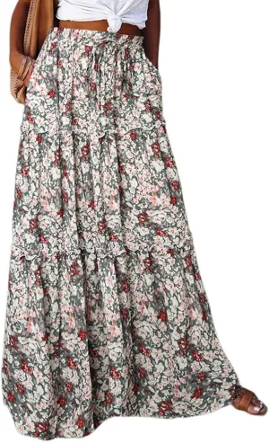 Women's Summer Bohemian Floral Printed Stretch Waist Smocked Tiered A Line Swing Maxi Skirt 2025, S-2XL