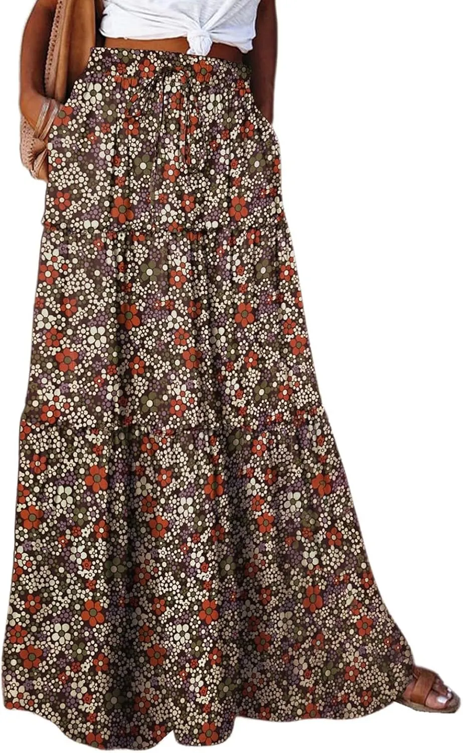 Women's Summer Bohemian Floral Printed Stretch Waist Smocked Tiered A Line Swing Maxi Skirt 2025, S-2XL