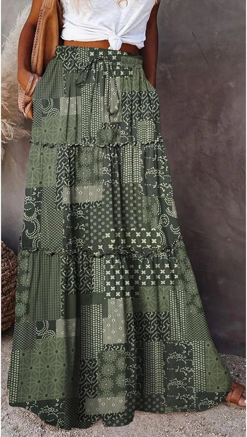 Women's Summer Bohemian Floral Printed Stretch Waist Smocked Tiered A Line Swing Maxi Skirt 2025, S-2XL