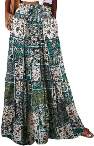 Women's Summer Bohemian Floral Printed Stretch Waist Smocked Tiered A Line Swing Maxi Skirt 2025, S-2XL