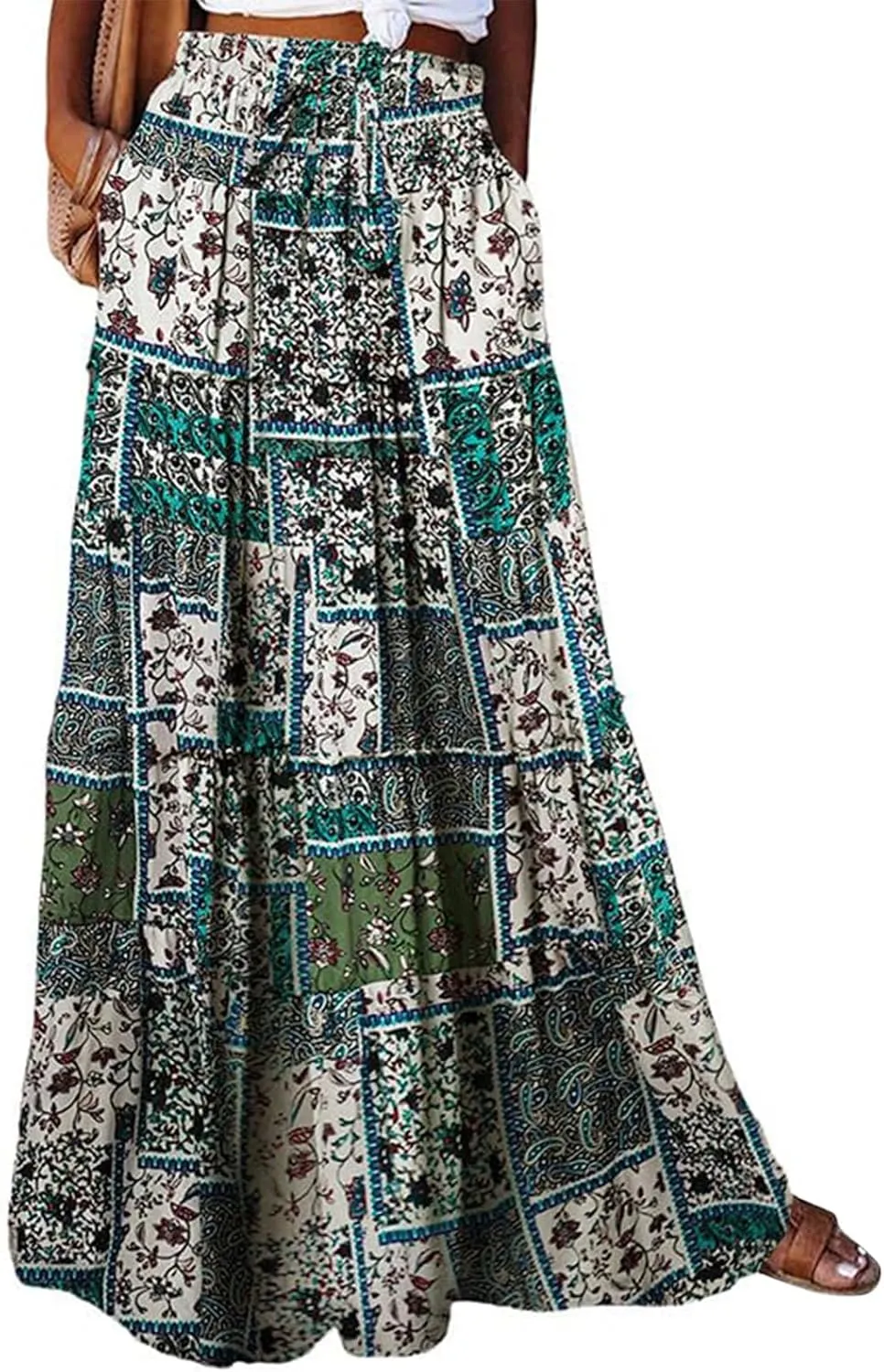 Women's Summer Bohemian Floral Printed Stretch Waist Smocked Tiered A Line Swing Maxi Skirt 2025, S-2XL