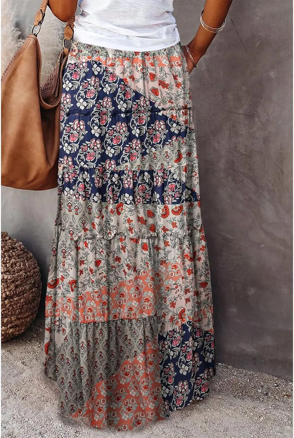 Women's Summer Bohemian Floral Printed Stretch Waist Smocked Tiered A Line Swing Maxi Skirt 2025, S-2XL