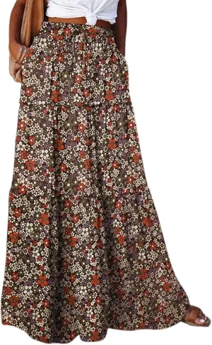 Women's Summer Bohemian Floral Printed Stretch Waist Smocked Tiered A Line Swing Maxi Skirt 2025, S-2XL