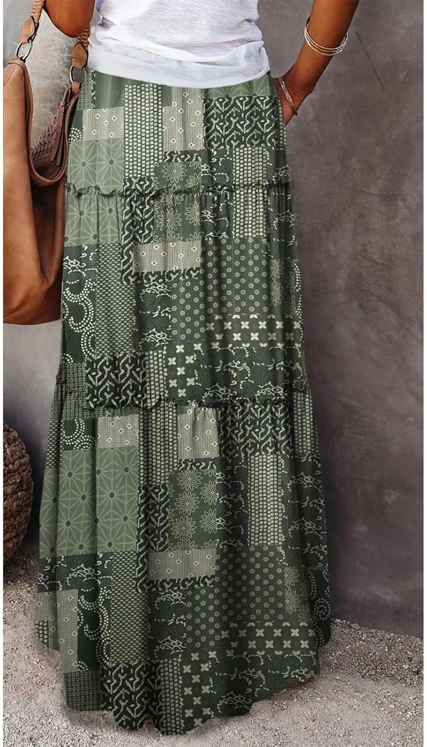Women's Summer Bohemian Floral Printed Stretch Waist Smocked Tiered A Line Swing Maxi Skirt 2025, S-2XL