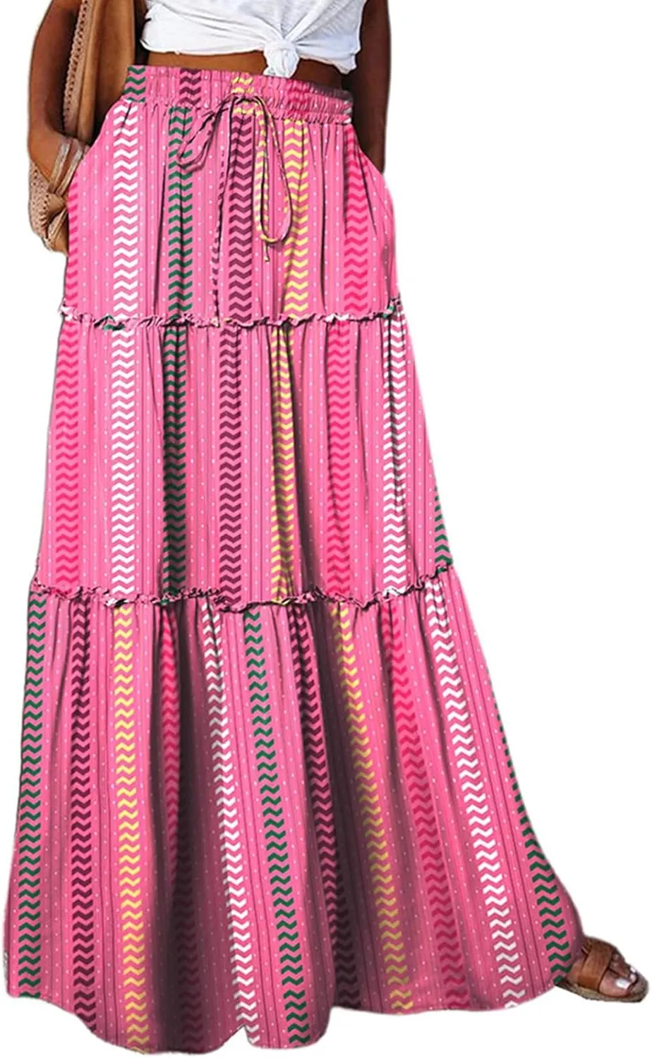 Women's Summer Bohemian Floral Printed Stretch Waist Smocked Tiered A Line Swing Maxi Skirt 2025, S-2XL
