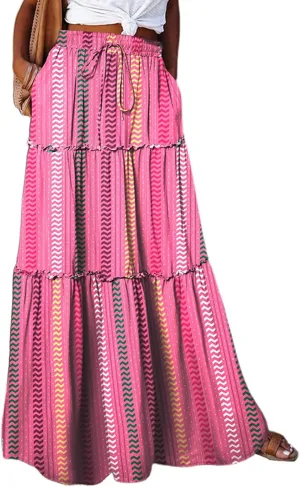 Women's Summer Bohemian Floral Printed Stretch Waist Smocked Tiered A Line Swing Maxi Skirt 2025, S-2XL