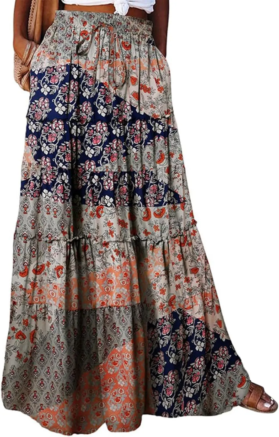 Women's Summer Bohemian Floral Printed Stretch Waist Smocked Tiered A Line Swing Maxi Skirt 2025, S-2XL