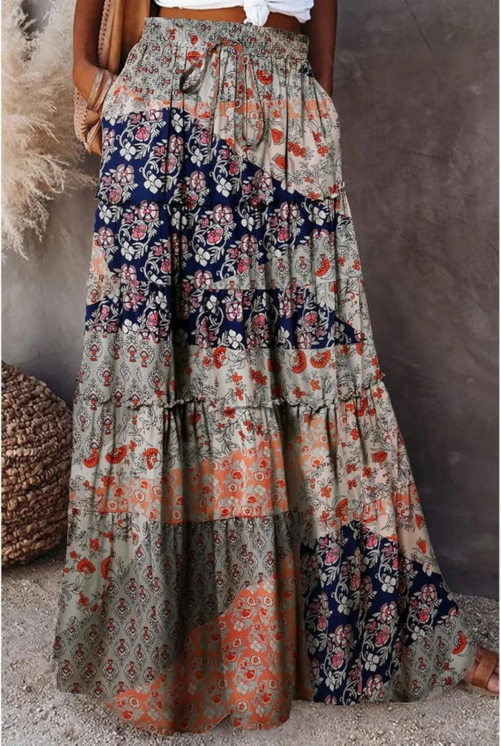 Women's Summer Bohemian Floral Printed Stretch Waist Smocked Tiered A Line Swing Maxi Skirt 2025, S-2XL