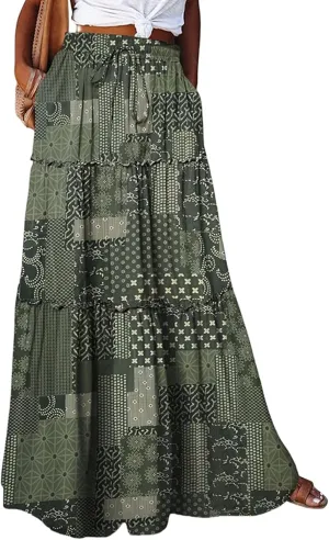 Women's Summer Bohemian Floral Printed Stretch Waist Smocked Tiered A Line Swing Maxi Skirt 2025, S-2XL