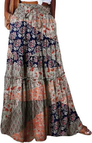 Women's Summer Bohemian Floral Printed Stretch Waist Smocked Tiered A Line Swing Maxi Skirt 2025, S-2XL