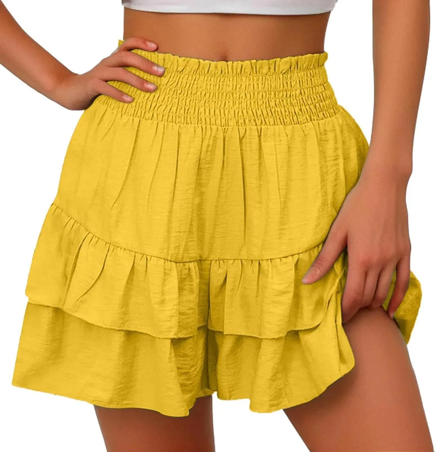Women's Summer Cute Stretch Waist Solid Smocked Tiered Ruffle Swing Beach Mini Skirt 2025, S-2XL