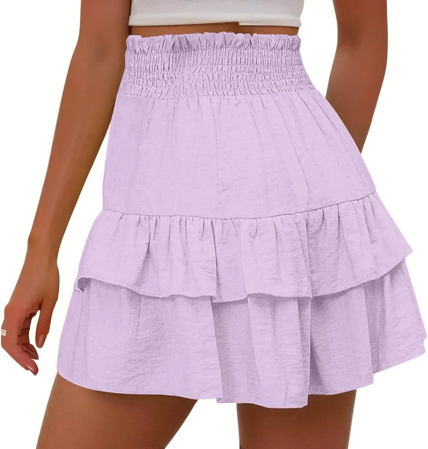 Women's Summer Cute Stretch Waist Solid Smocked Tiered Ruffle Swing Beach Mini Skirt 2025, S-2XL