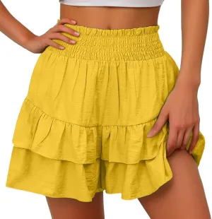 Women's Summer Cute Stretch Waist Solid Smocked Tiered Ruffle Swing Beach Mini Skirt 2025, S-2XL