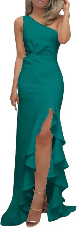 Women's Summer Formal Wedding Guest Dress Off Shoulder High Slit Maxi Bodycorn Dress Ruffle Hem Long Dresses