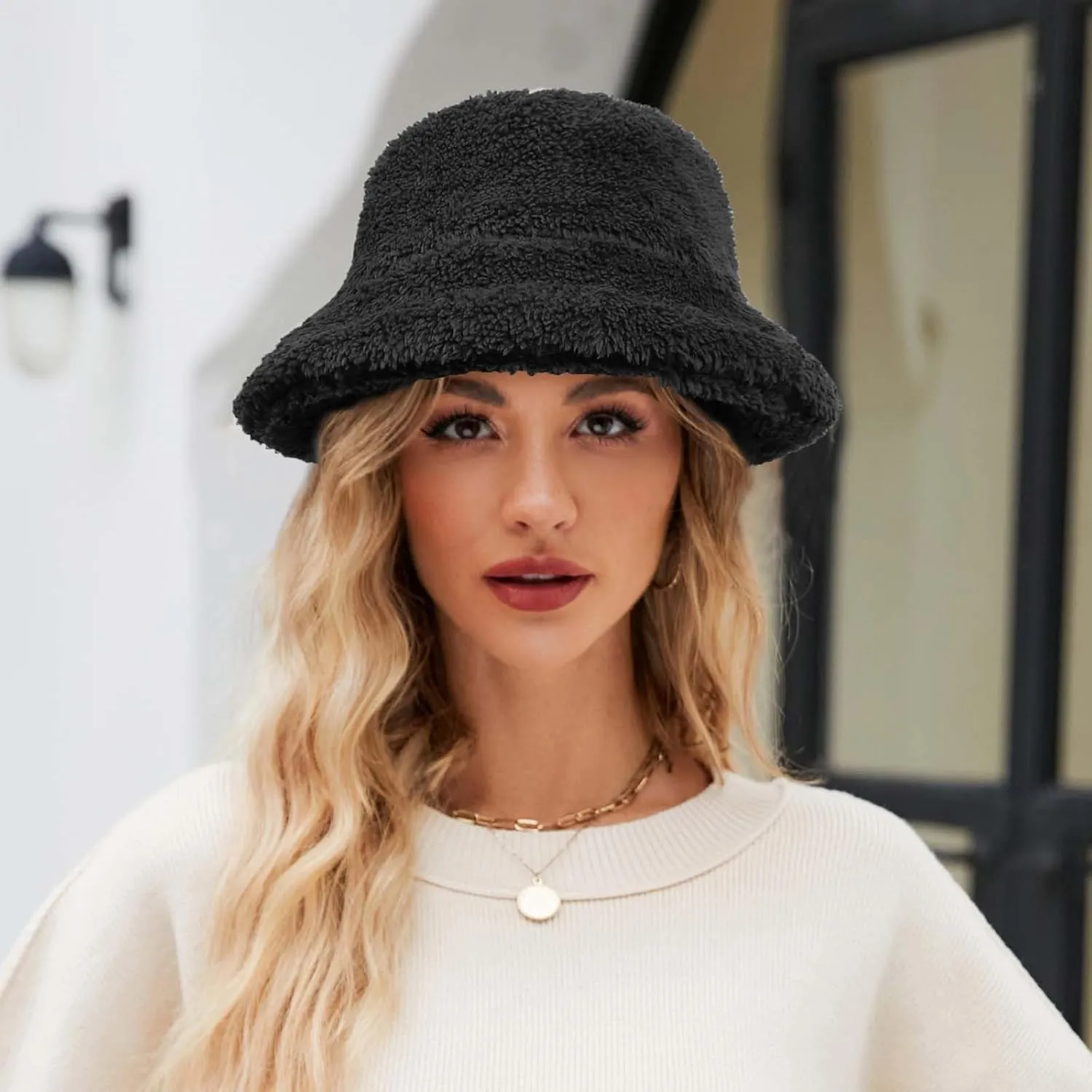 Women's Thermal Fuzzy Fleece Wide Brim Faux Fur Bucket Hat Winter Plush Fluffy Warmer Fisherman Cap for Cold Weather