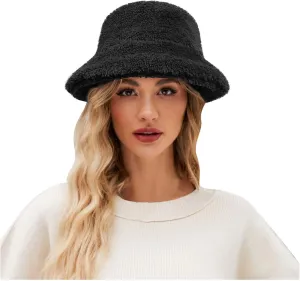 Women's Thermal Fuzzy Fleece Wide Brim Faux Fur Bucket Hat Winter Plush Fluffy Warmer Fisherman Cap for Cold Weather