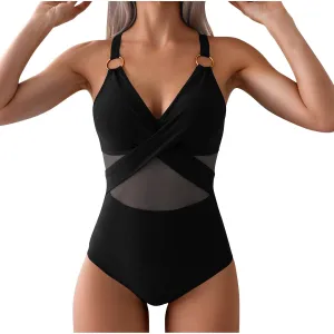 Women's Tummy Control One Piece Swimsuits Mesh Overlay V Neck Bathing Suits High Waist Slimming Trendy Swimwear