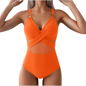 Women's Tummy Control One Piece Swimsuits Mesh Overlay V Neck Bathing Suits High Waist Slimming Trendy Swimwear