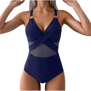 Women's Tummy Control One Piece Swimsuits Mesh Overlay V Neck Bathing Suits High Waist Slimming Trendy Swimwear