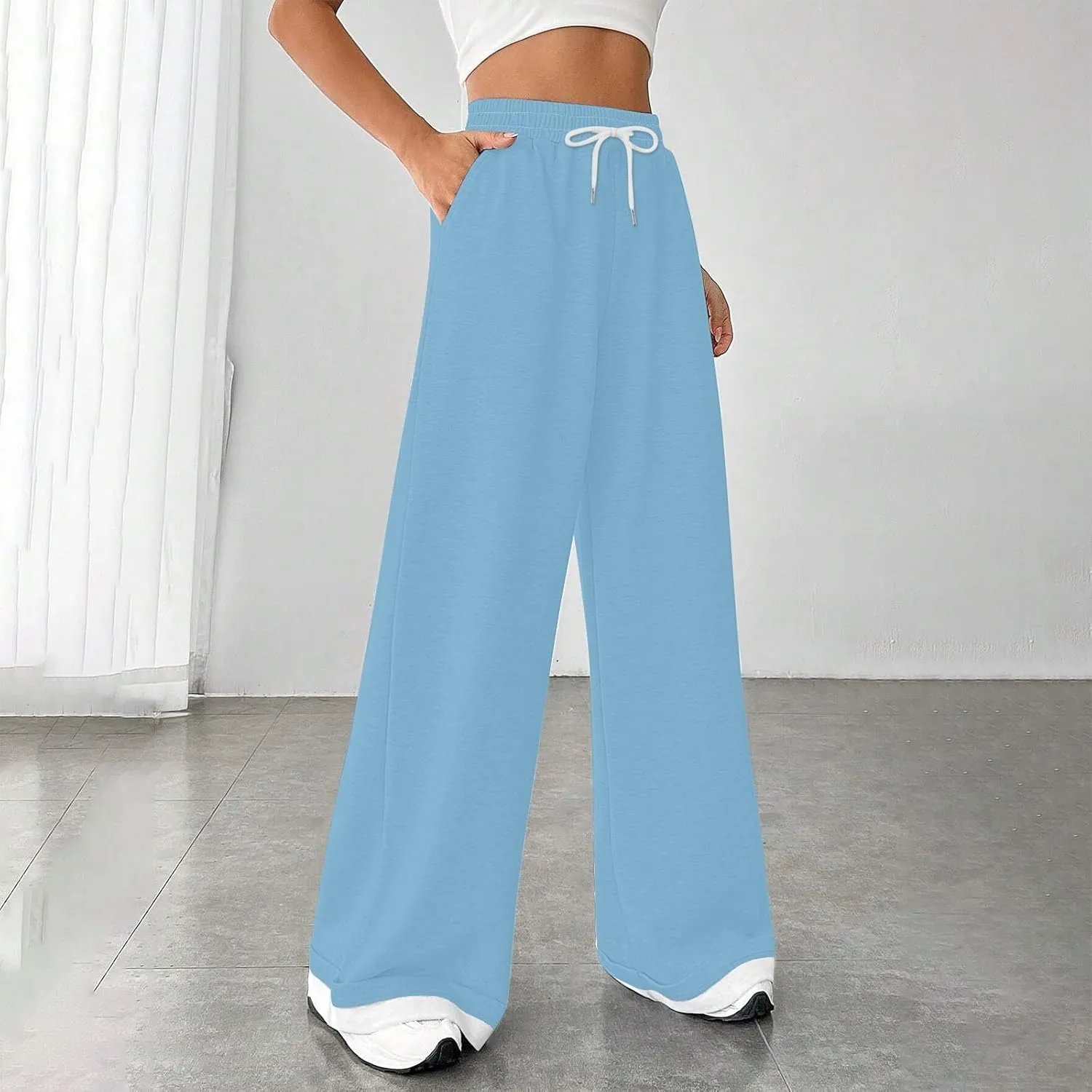 Womens Wide Leg Sweatpants High Waisted Baggy Flared Pants Drawstring Athletic Joggers All Season Straight Leg Pants