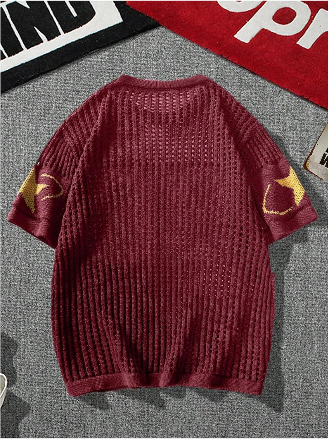 Women's Y2K Jersey Shirts Oversized Number Crochet Hollow Out Jersey Tee Sweater Crew Neck Short Sleeve Knit T Shirts