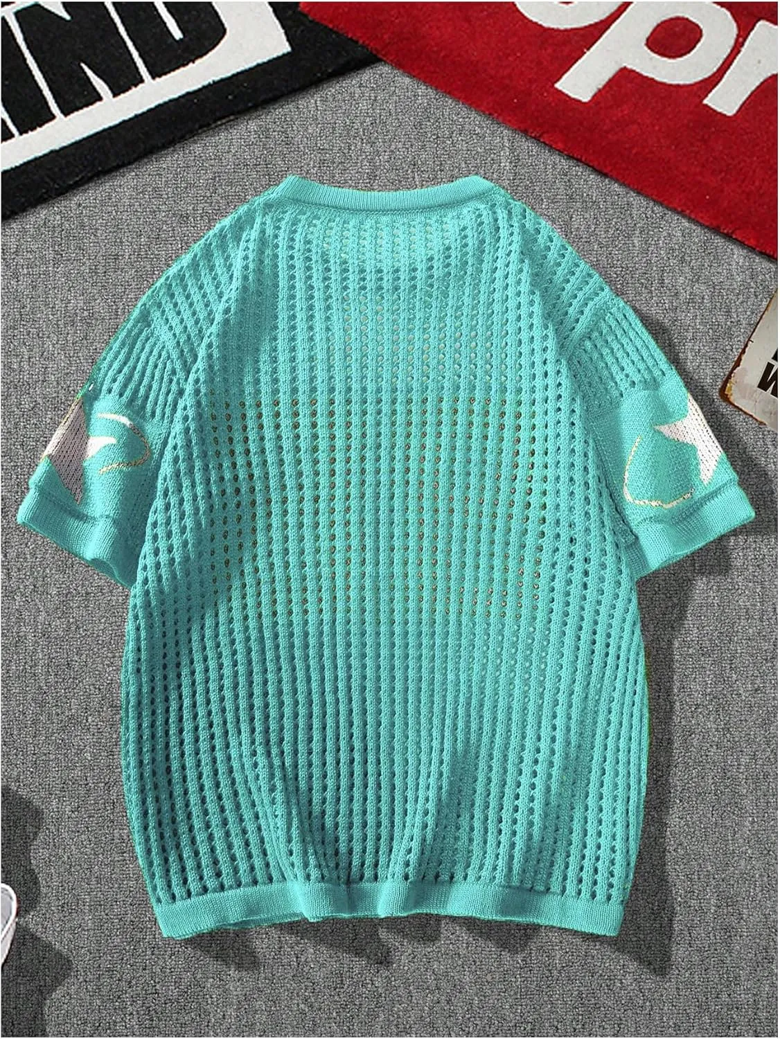 Women's Y2K Jersey Shirts Oversized Number Crochet Hollow Out Jersey Tee Sweater Crew Neck Short Sleeve Knit T Shirts