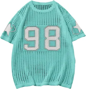 Women's Y2K Jersey Shirts Oversized Number Crochet Hollow Out Jersey Tee Sweater Crew Neck Short Sleeve Knit T Shirts