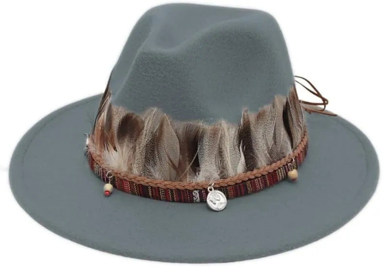 Wool Fedora Hats with Feather for Women and Men, Stylish Wide Brim Jazz Church Felt Panama Hats