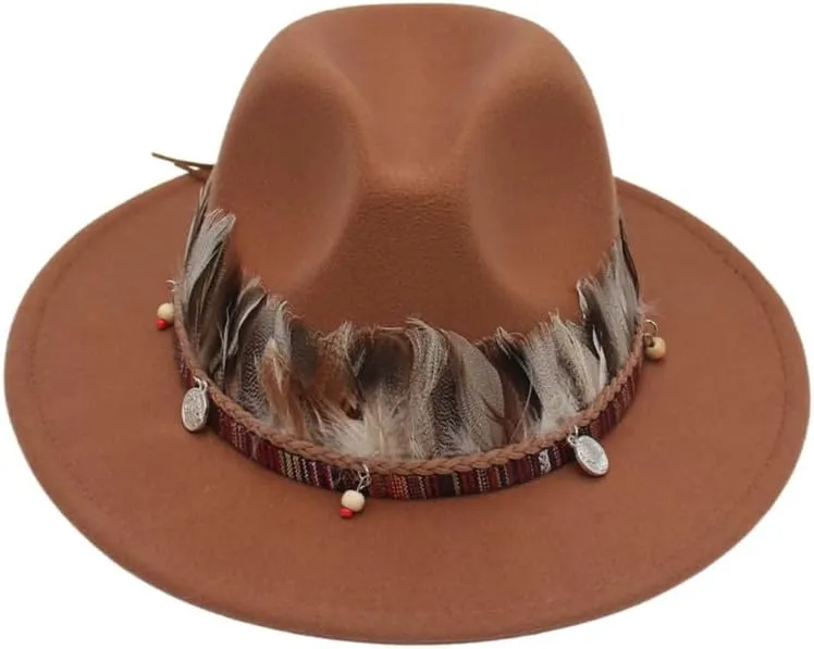 Wool Fedora Hats with Feather for Women and Men, Stylish Wide Brim Jazz Church Felt Panama Hats
