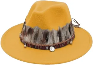 Wool Fedora Hats with Feather for Women and Men, Stylish Wide Brim Jazz Church Felt Panama Hats