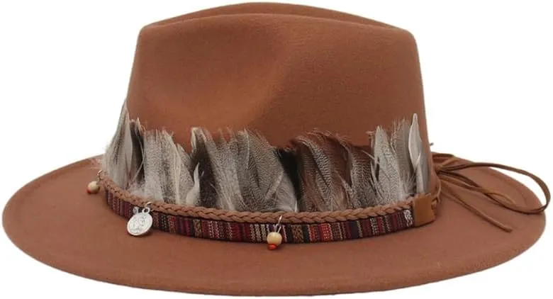 Wool Fedora Hats with Feather for Women and Men, Stylish Wide Brim Jazz Church Felt Panama Hats