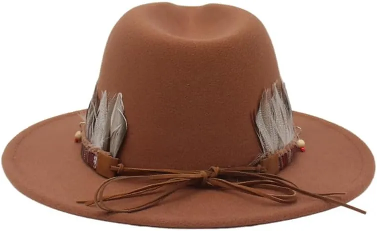 Wool Fedora Hats with Feather for Women and Men, Stylish Wide Brim Jazz Church Felt Panama Hats
