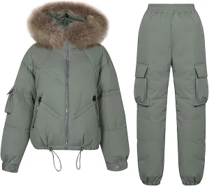 XUNRYAN Women Winter Ski Outfits Outdoor Sports Suit Faux-Fur Collar Hood Coat Puffer Down Jackets w Ski Pants Activewear