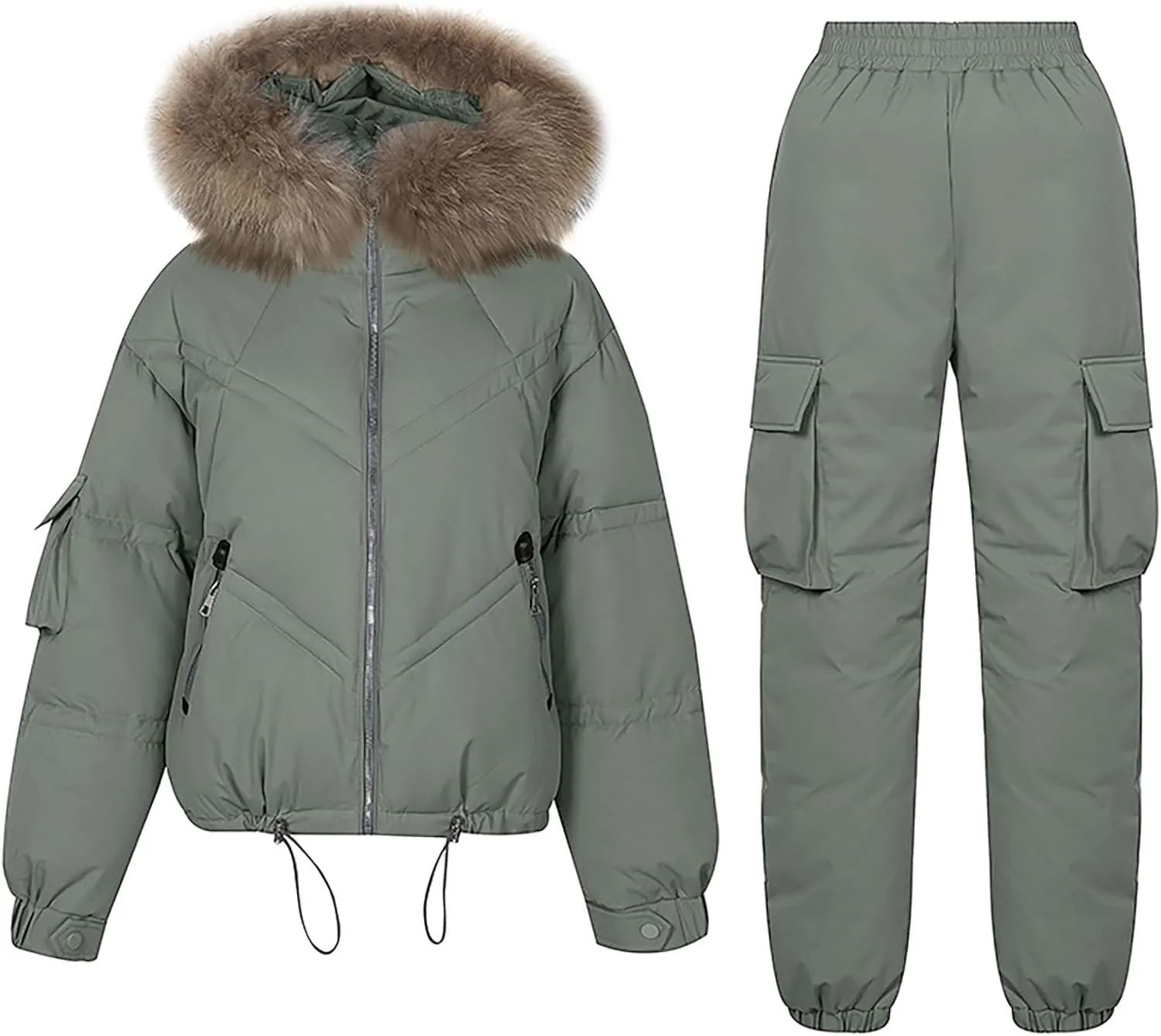 XUNRYAN Women Winter Ski Outfits Outdoor Sports Suit Faux-Fur Collar Hood Coat Puffer Down Jackets w Ski Pants Activewear