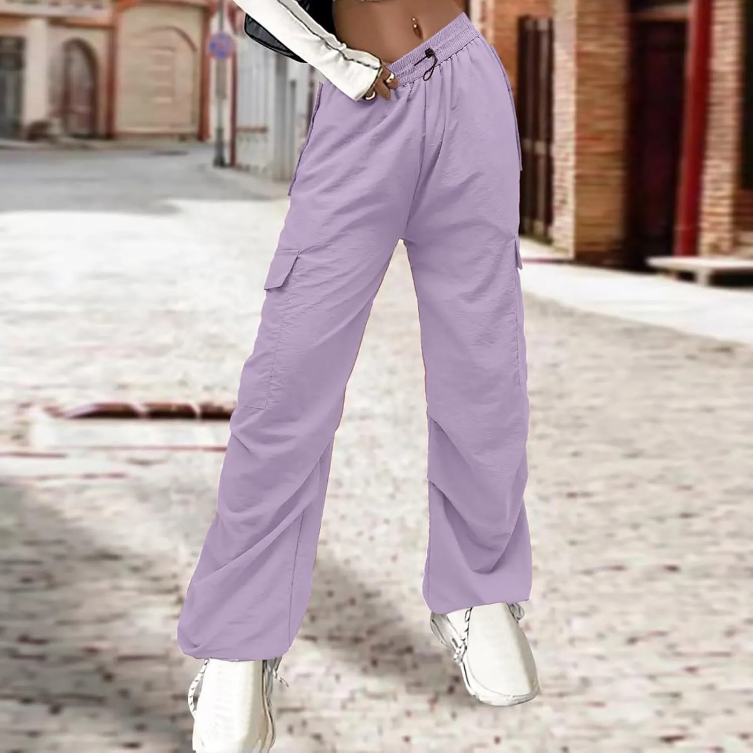 Y2K Teen Girls Street Cargo Pants Cute Low Waist Parachute Pants Multi-Pockets Wide Leg Cargo Pants Light Sweatpants