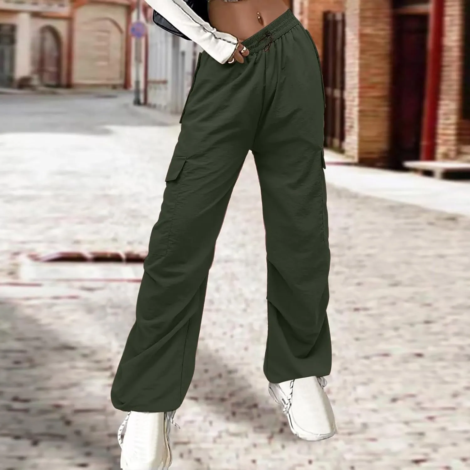 Y2K Teen Girls Street Cargo Pants Cute Low Waist Parachute Pants Multi-Pockets Wide Leg Cargo Pants Light Sweatpants