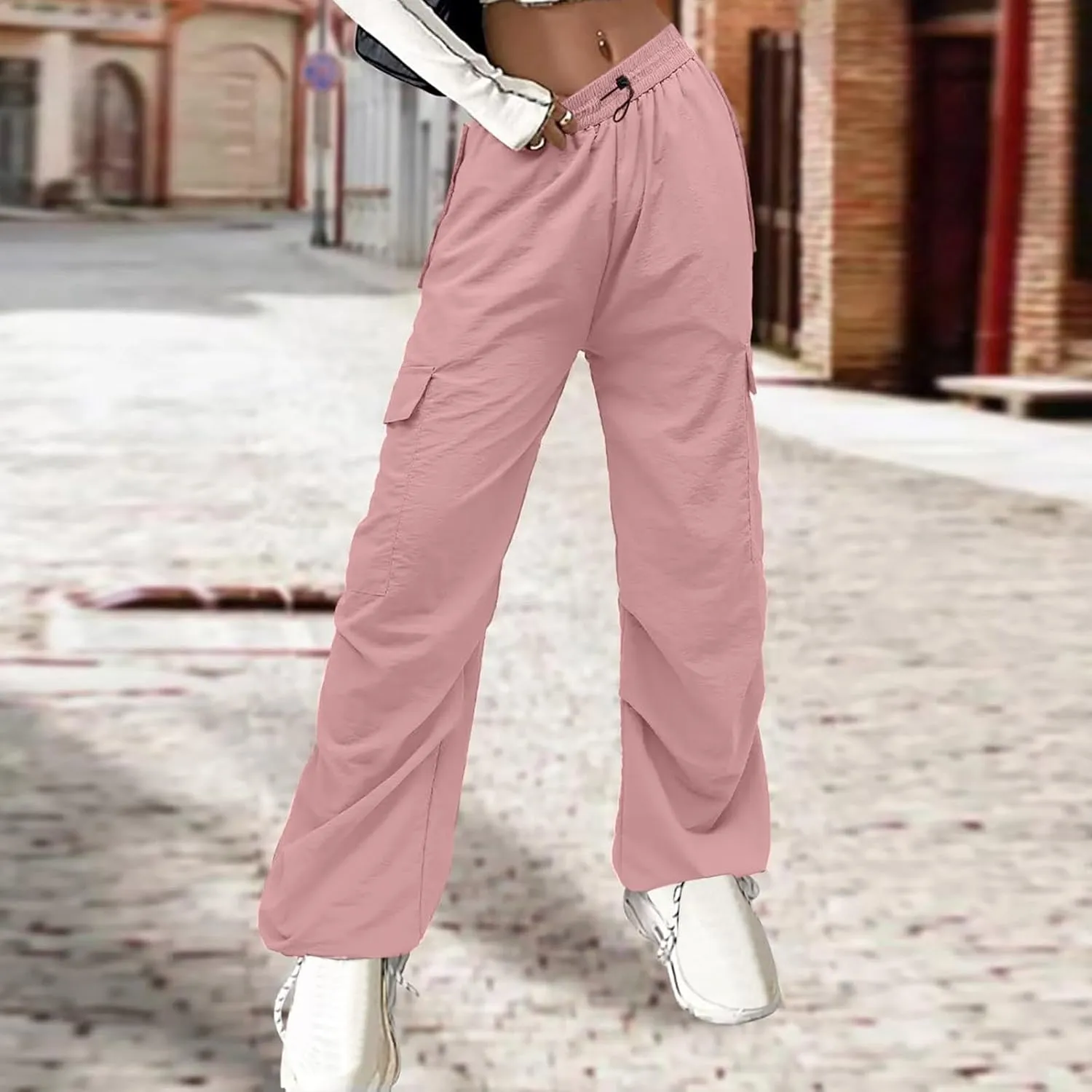 Y2K Teen Girls Street Cargo Pants Cute Low Waist Parachute Pants Multi-Pockets Wide Leg Cargo Pants Light Sweatpants