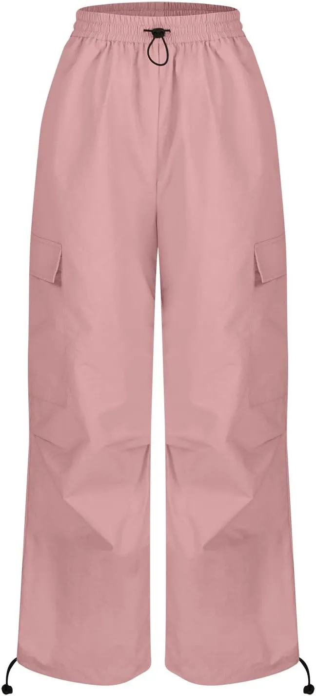Y2K Teen Girls Street Cargo Pants Cute Low Waist Parachute Pants Multi-Pockets Wide Leg Cargo Pants Light Sweatpants